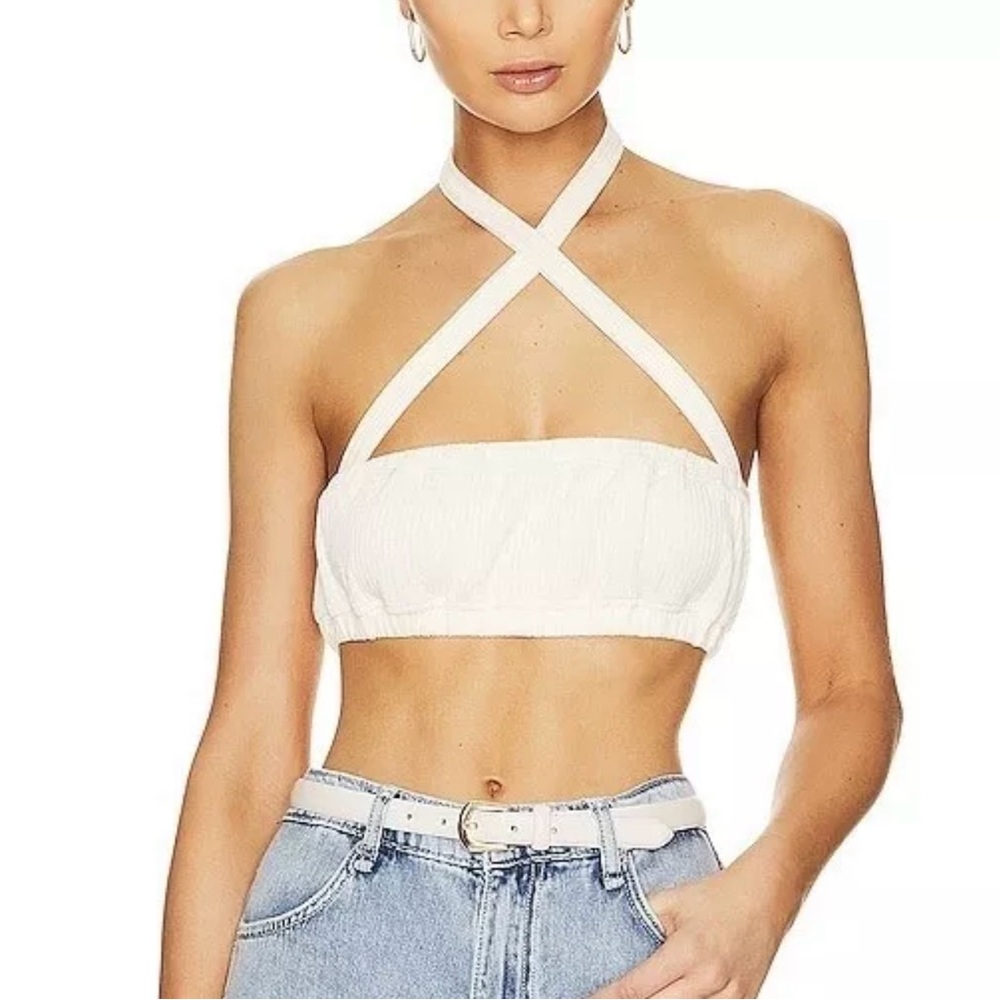 WeWoreWhat Cream Textured halter tie bra top - Picture 3 of 10